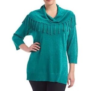 STUDIO WORKS Cowl Neck Knit Green Mistic Top 3/4 Sleeve Drop Shoulder Size 3X